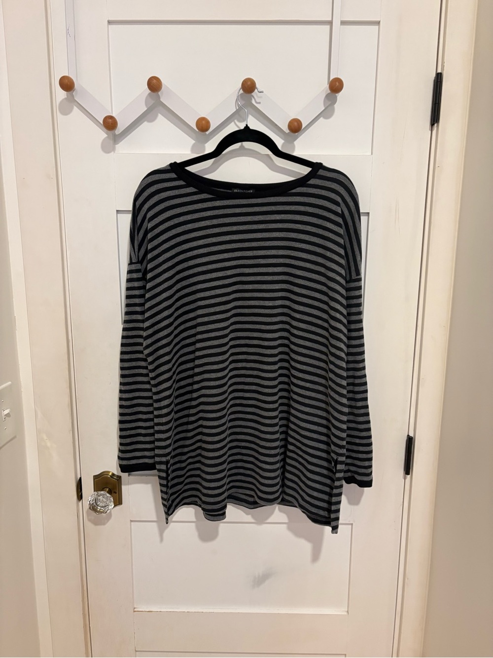 EUC Eileen Fisher Black and Gray Striped Crewneck Top